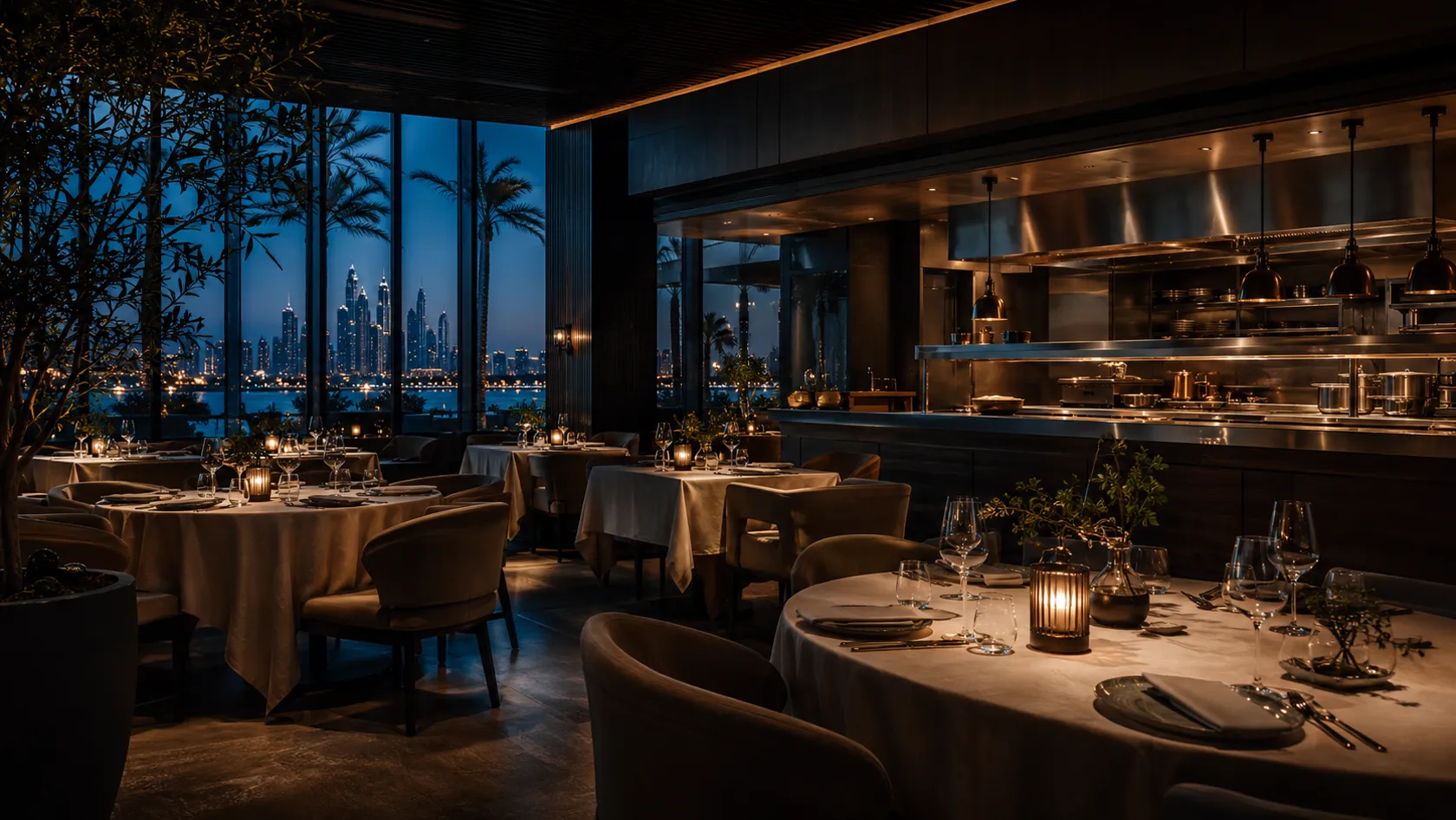 Conceptual empty restaurant room at blue hour in the final quiet minutes before service