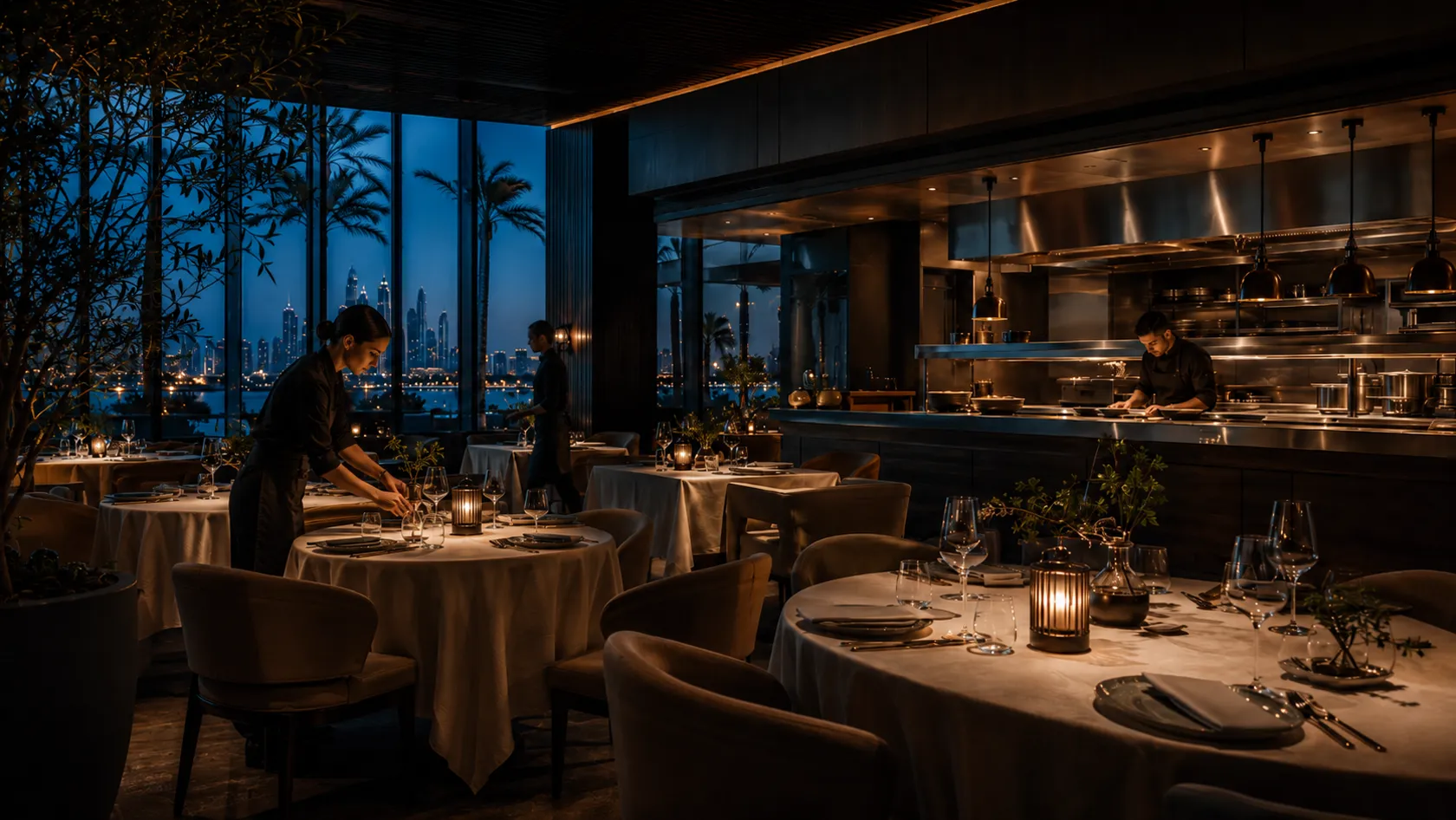 Conceptual pre-service scene, unidentifiable team preparing the dining room