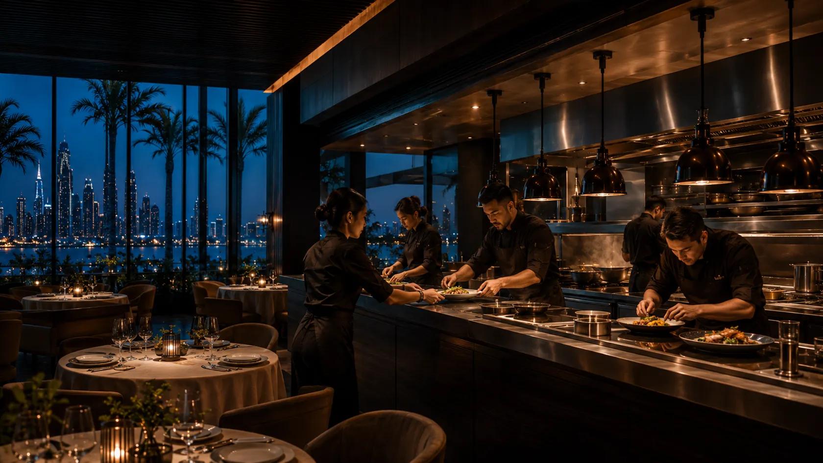 Conceptual open kitchen entering service rhythm, staff unidentifiable