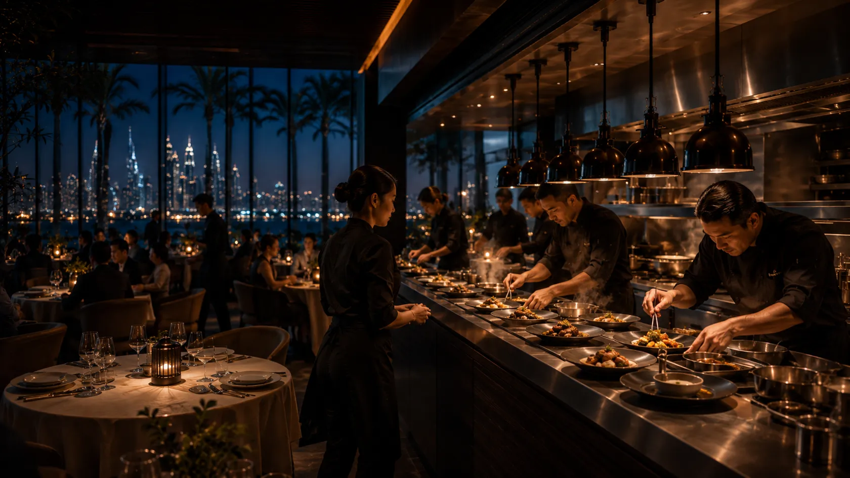 Conceptual restaurant pass at peak service, staff unidentifiable