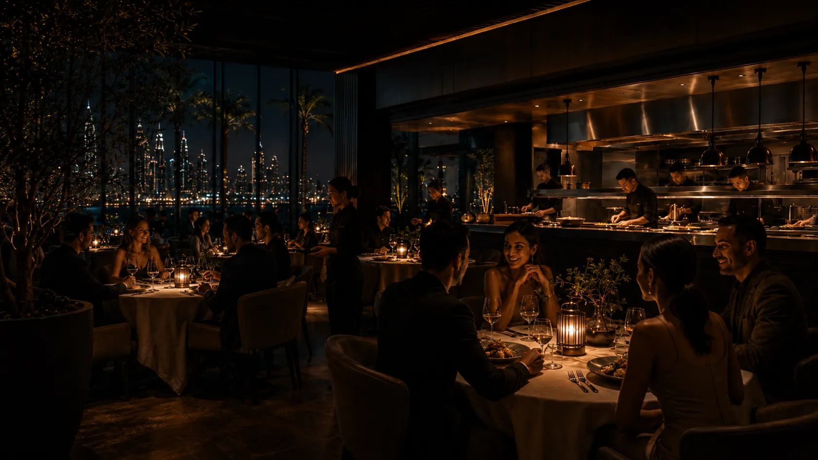 Conceptual dining room in full service, guests and staff without identifiable focus