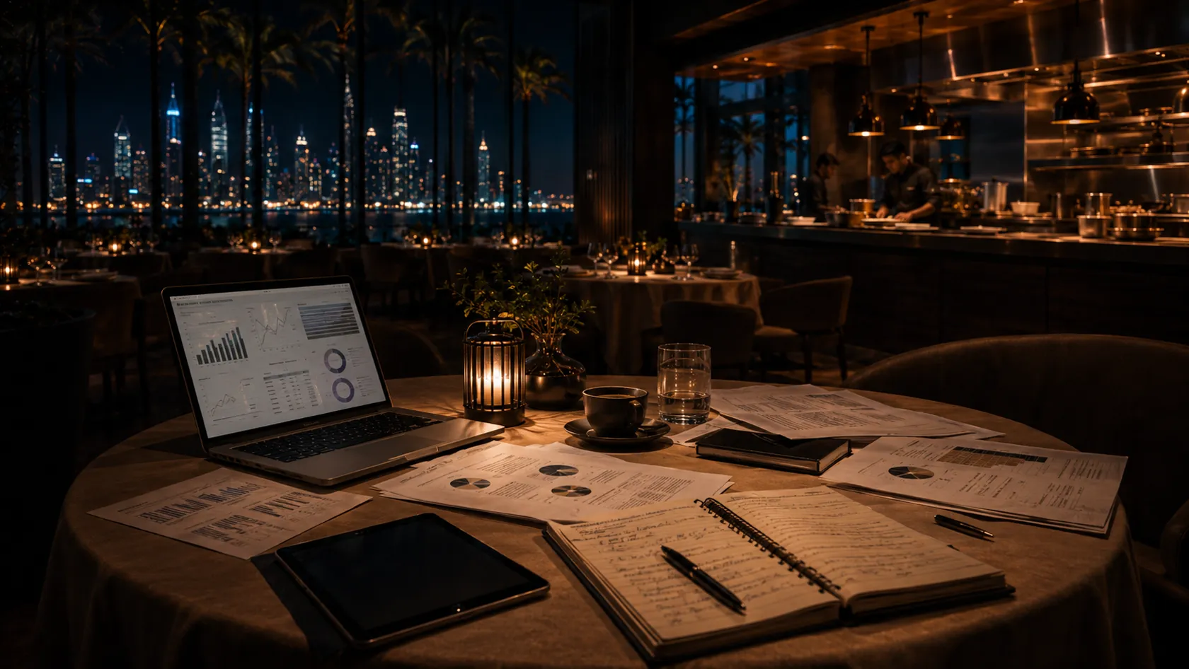 Conceptual late-night operating review table with laptop and reports, no identifiable person