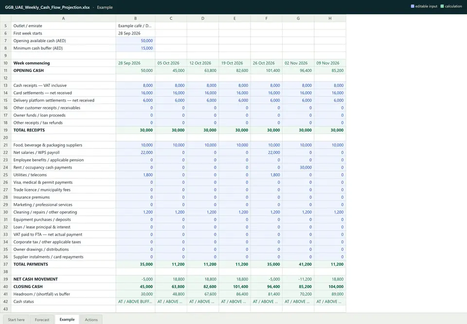 The Example sheet of the cash-flow workbook: week-commencing dates across the top, receipts and payments down the side, blue editable cells and green calculated totals.