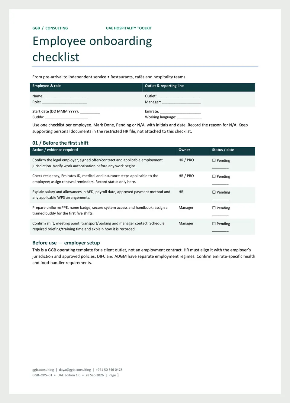 Page one of the employee onboarding checklist: employee and outlet details, the before-the-first-shift actions with owner and status columns, and the employer set-up note.