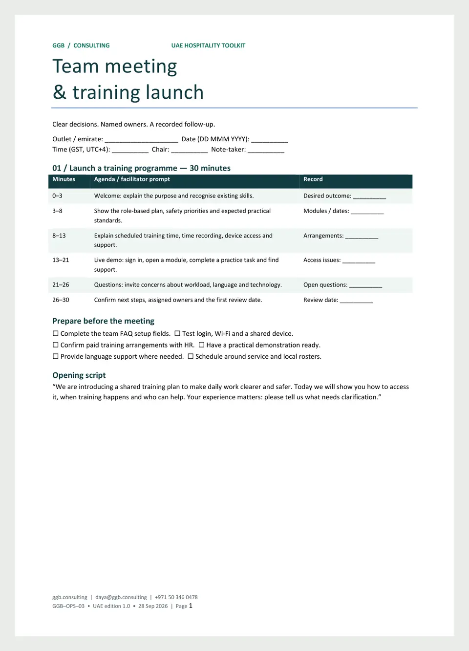 Page one of the team meeting template: the 30-minute training-launch agenda with minute-by-minute prompts and a record column.