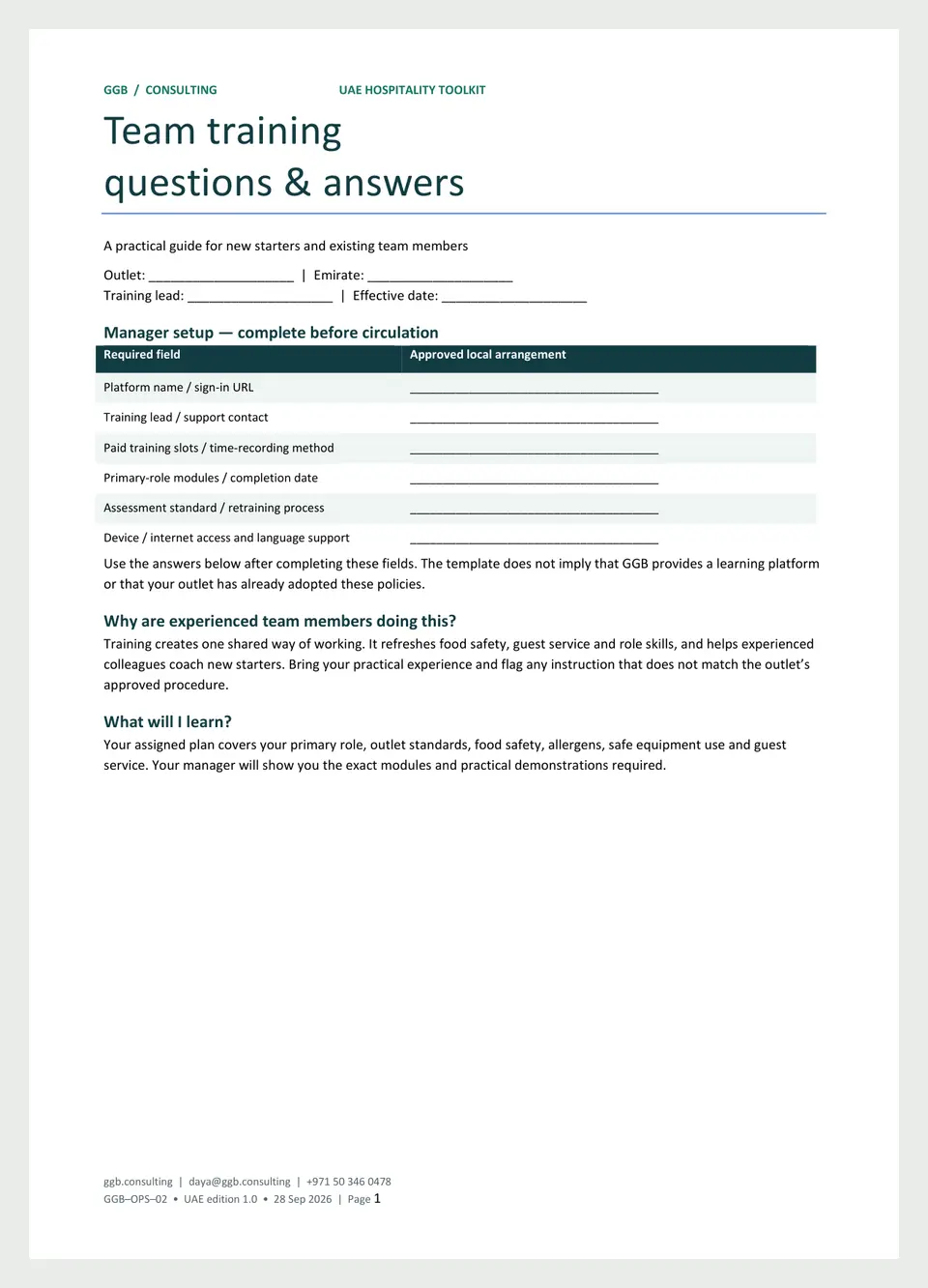 Page one of the team training questions and answers: the manager set-up table and the first questions a new starter asks.